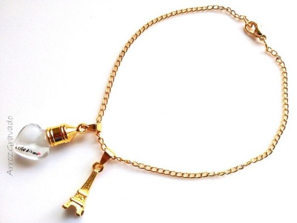 Pulseira folheada, pingente coração,grão de arroz,torre eiffel